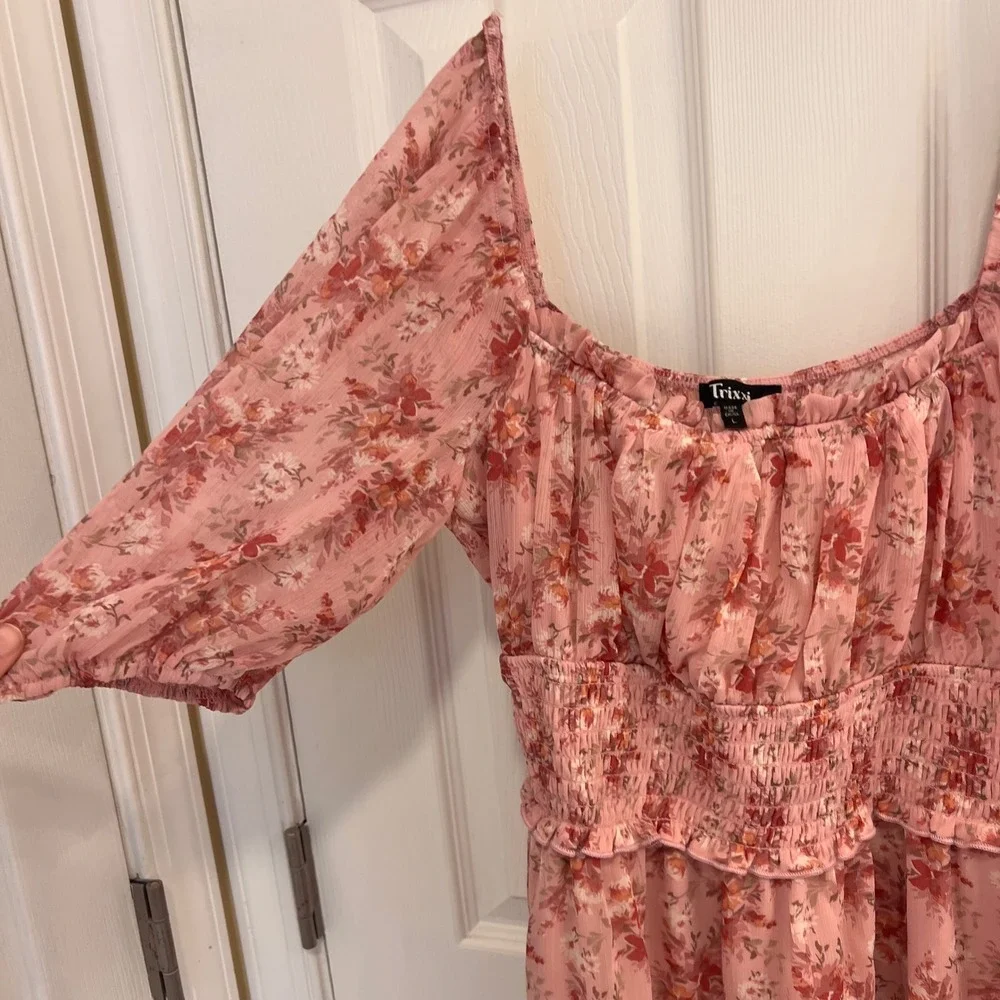 Trixxi Pink Floral Chiffon Smocked Mini Dress Womens Large Loveshack Fancy